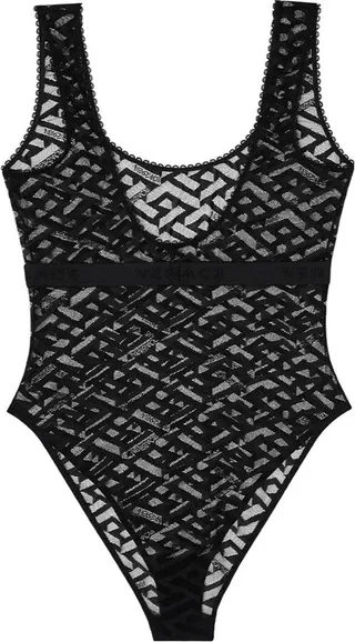 Versace La Greca Scoop Neck Tulle Bodysuit