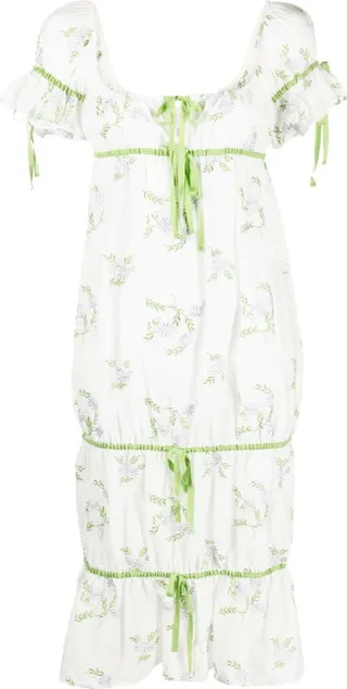 White Floral-Embroidered Drawstring Midi Dress