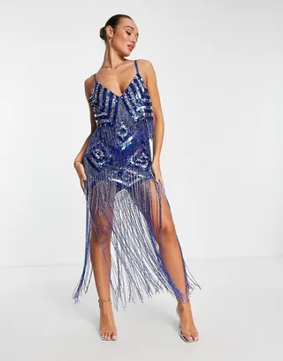 ASOS DESIGN strappy embellished fringe mini dress with beaded fringe