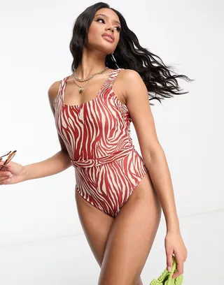 In The Style square neck swimsuit with tie waist detail in zebra