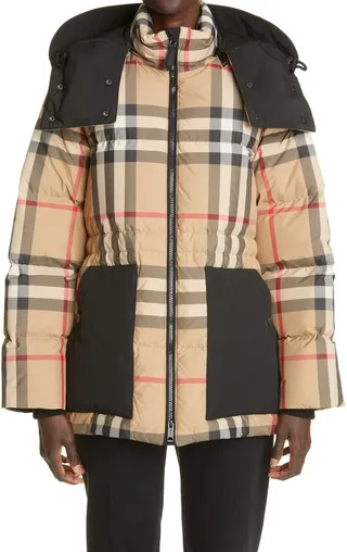 Broadwas Check Down Puffer Jacket with Removable Hood