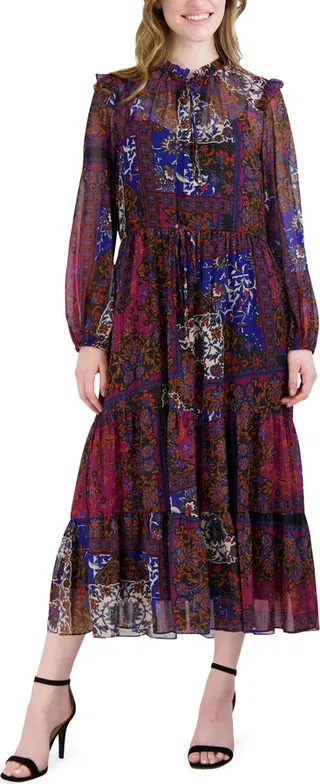 Floral Print Long Sleeve Drawstring Waist Midi Dress