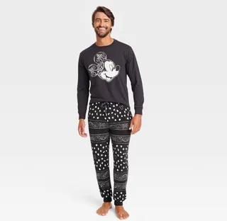Men's Disney Mickey Bandana Print Long Sleeve Sweater Knit Pajama Set - Black L