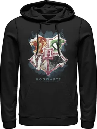Men's Harry Potter Hogwarts Watercolor Symbols Pull Over Hoodie - Black - Medium