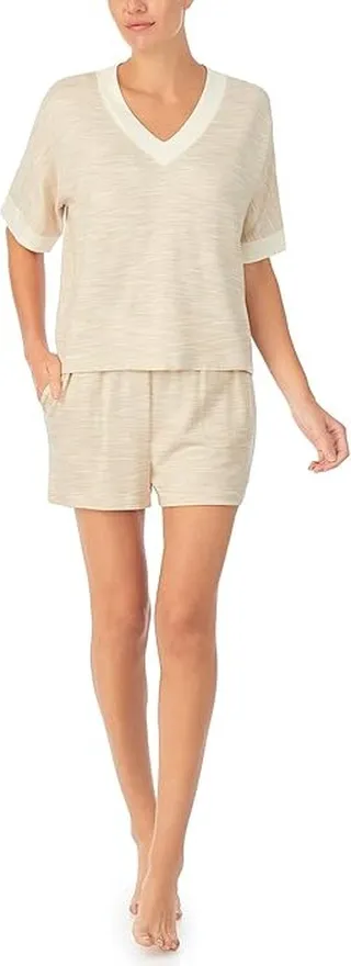 Sanctuary Short Sleeve Boxy V-Neck Boxer PJ Set (Sand Heather) Women's Pajama Sets