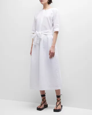 Boat-Neck Belted Linen-Cotton Midi Dress
