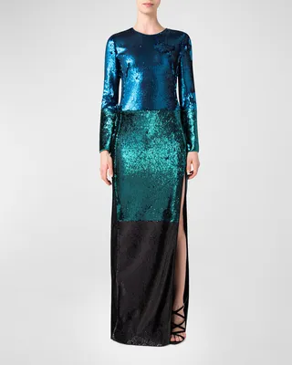 Sequin-Embellished Colorblock Column Gown