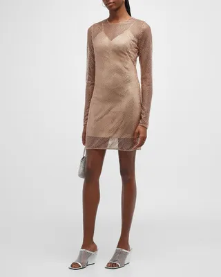 Strass Embellished Mesh Long-Sleeve Mini Dress