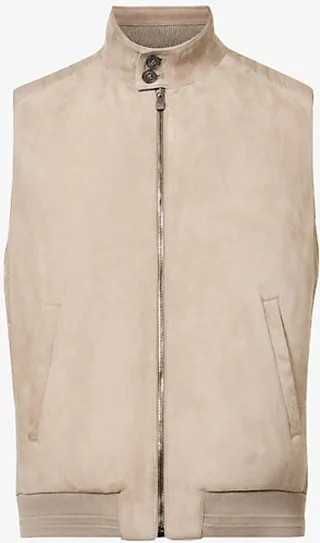 Mens Sand Funnel-neck Regular-fit Suede Gilet