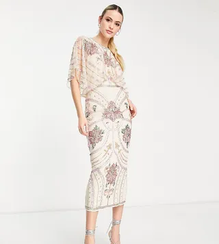 ASOS DESIGN Tall blouson midi dress with art nouveau embellishment in cream