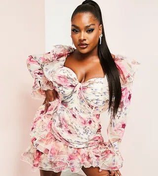 ASOS LUXE Curve organza ruffle ruched long sleeved mini dress in floral print