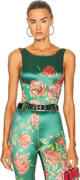 Raisa Vanessa Rose Patterned Shiny Bodysuit in Green