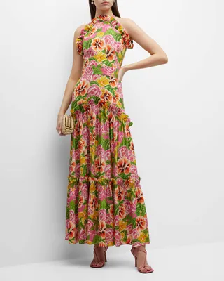 Tatiana Floral Silk Sleeveless Halter Maxi Dress