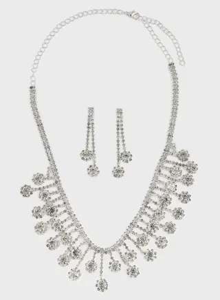 Rhinestone Floral Necklace & Drop Earring Set