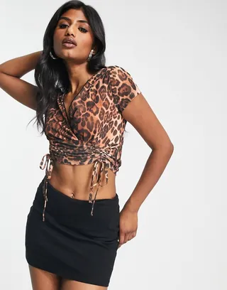 ASOS DESIGN short sleeve ruched crop top in animal