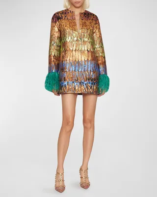 Broccato Golden Wings Tunic Dress with Feather Trim