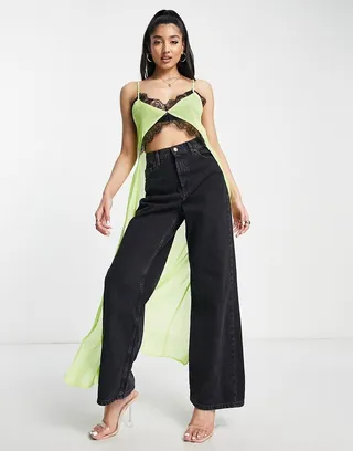 Miss Selfridge lace trim maxi cami in lime green