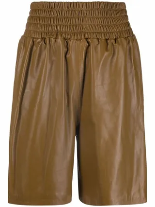 High Smocked-Detail Leather Shorts