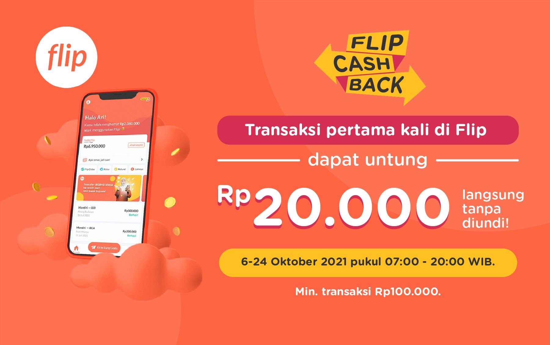 Flip Cashback: Untung Rp20.000 Untuk Transaksi Pertamamu! (6-24 Oktober 2021)