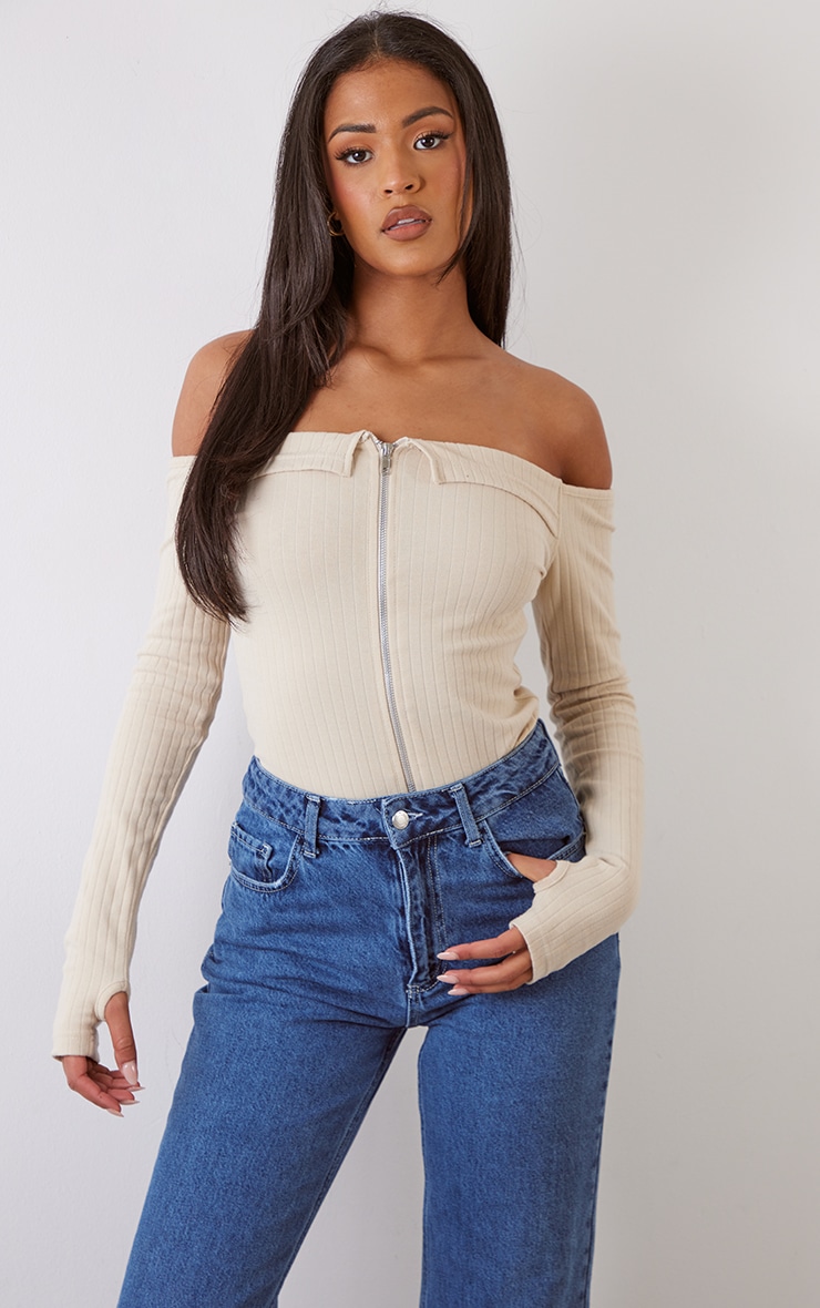 Tall Cream Off-The-Shoulder Brushed Rib Bodysuit