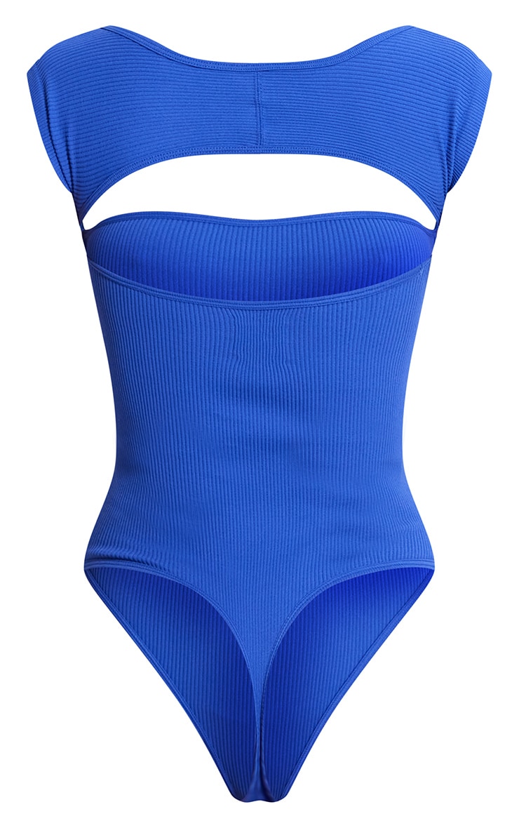 Bold Blue Snatched Rib Short Sleeve Bodysuit with Cut-Out Detail