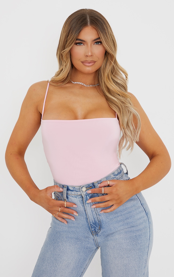 Baby Pink Square Neck Slinky Bodysuit with Spaghetti Straps