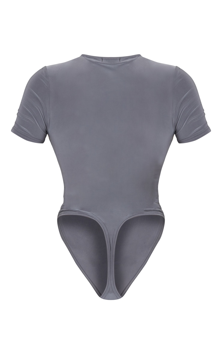 Charcoal Grey Slinky Cut Out Front Short Sleeve Bodysuit