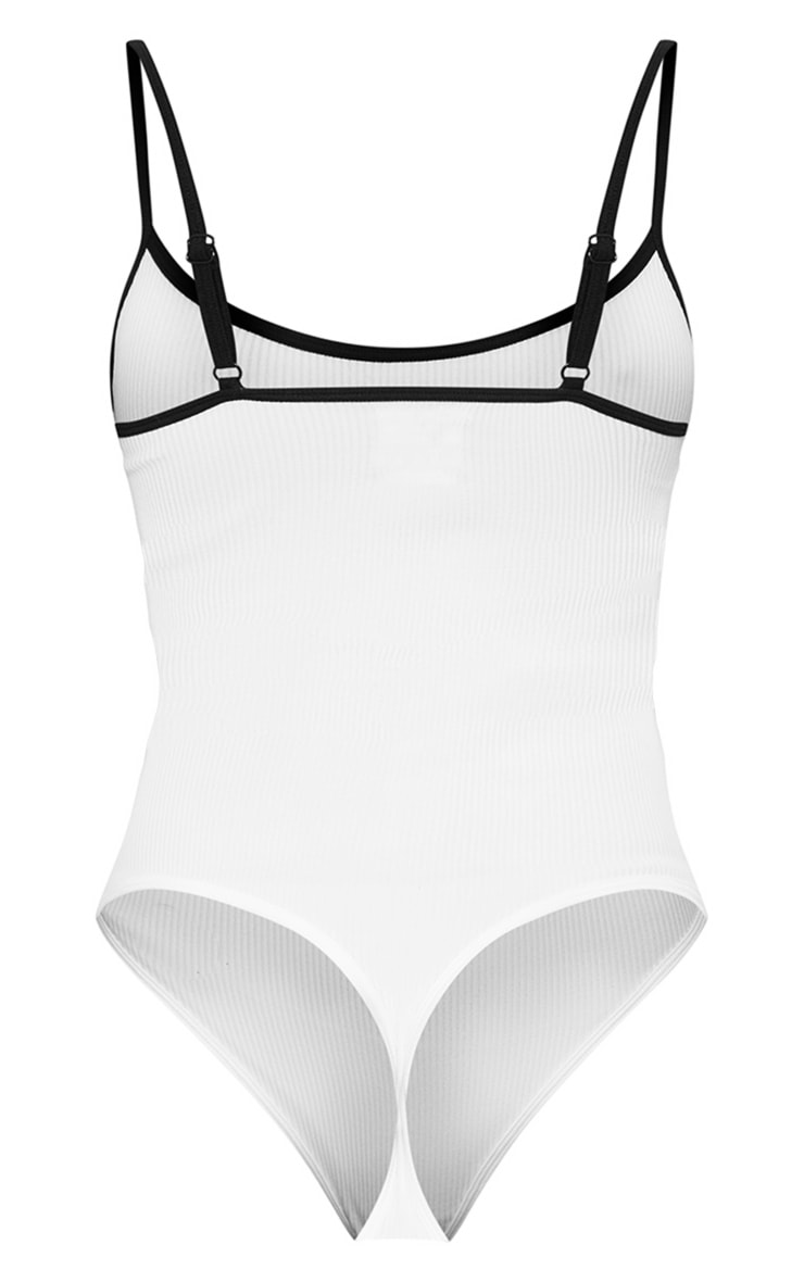 Snatched Rib Contrast Binding White Bodysuit