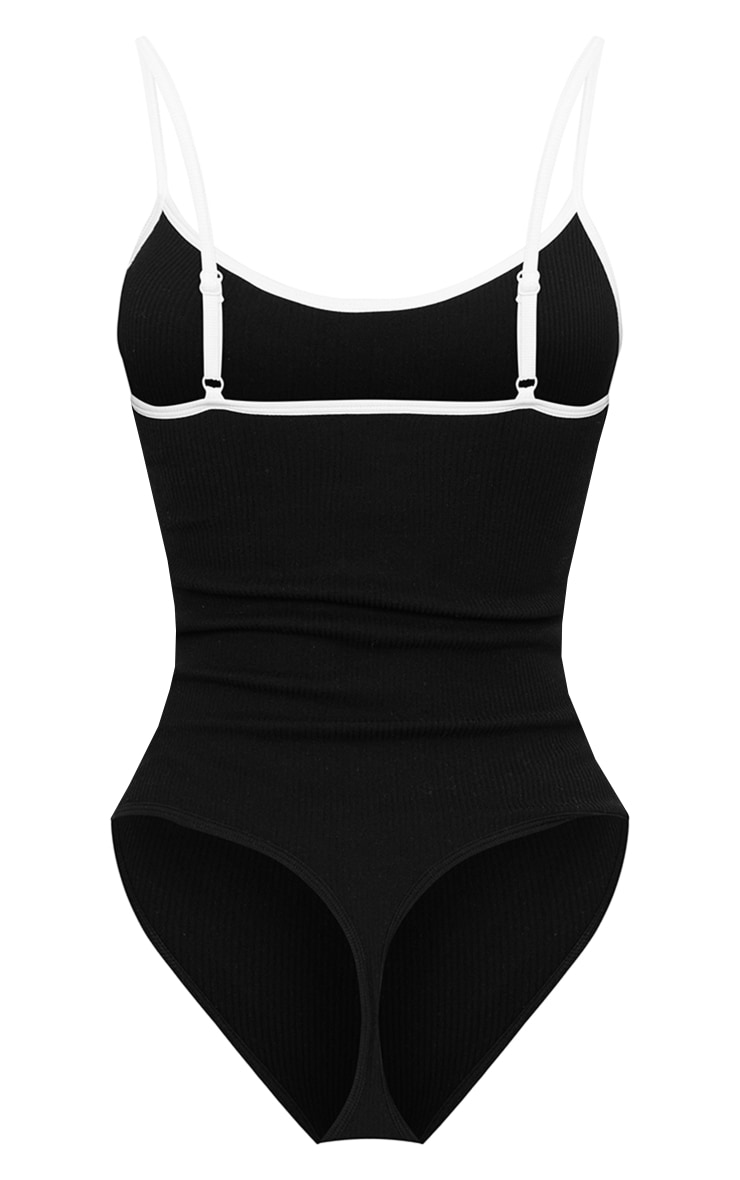 Snatched Rib Contrast Binding Black Structured Bodysuit