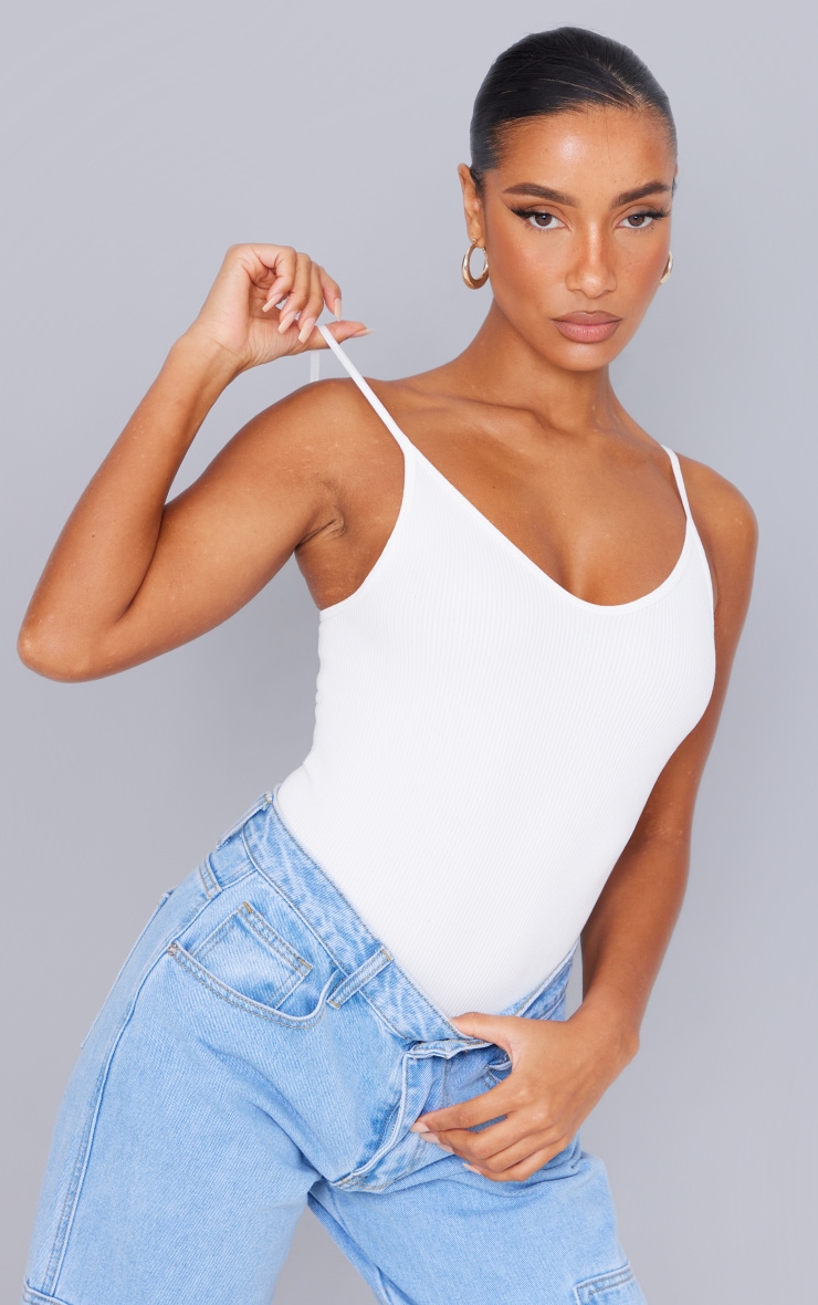 White Snatched Ribbed Strappy Bodysuit