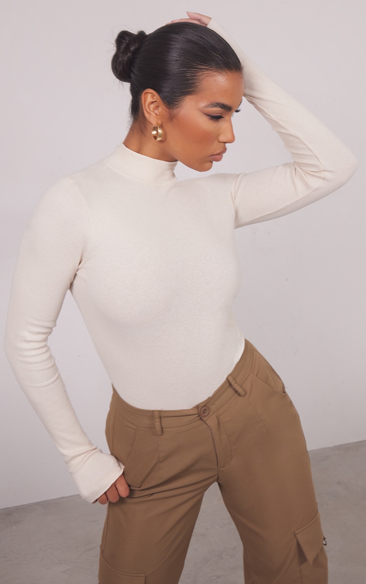 Stone Ribbed High Neck Long Sleeve Bodysuit with Snap Buttons