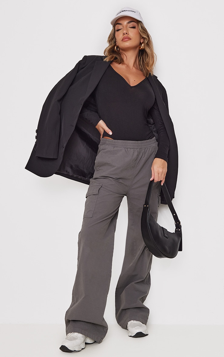 Black V-Neck Jersey Bodysuit with Long Sleeves