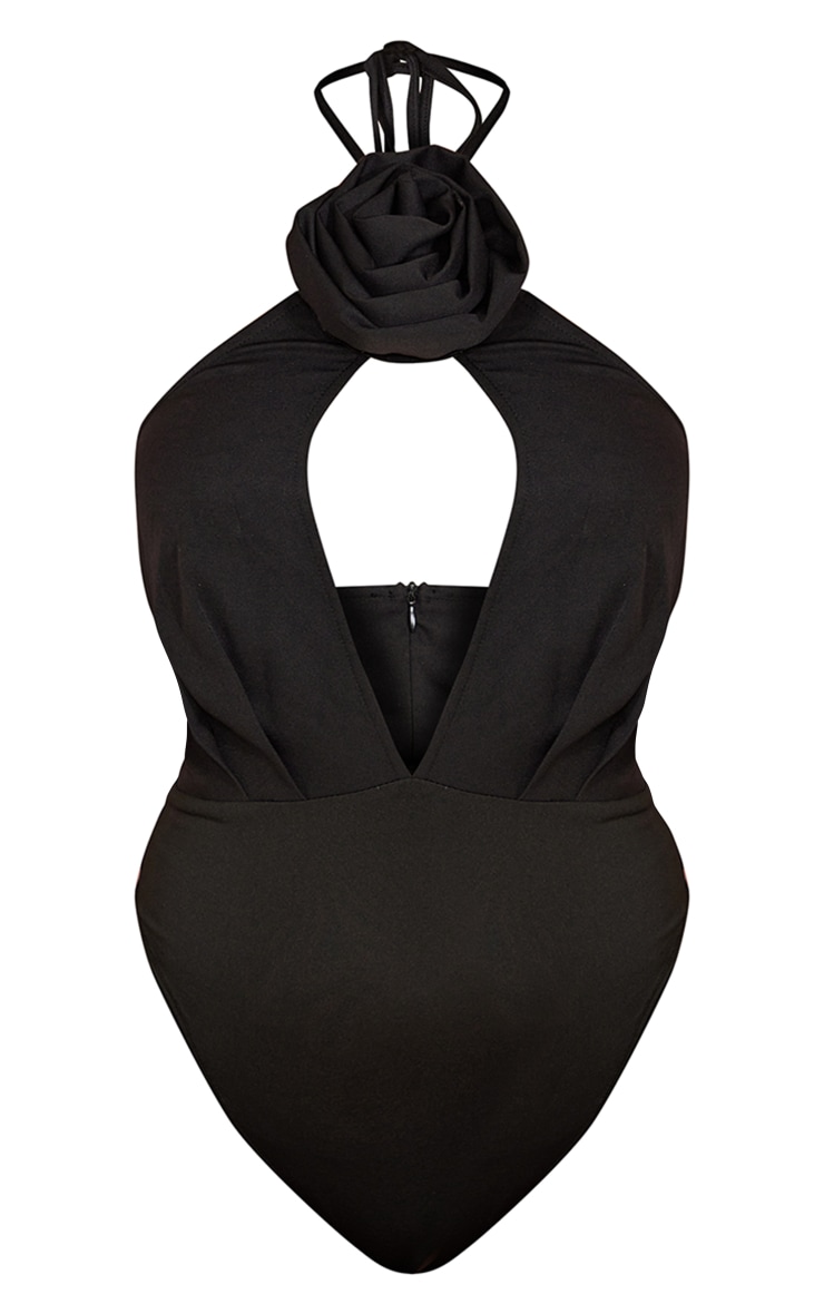 Black Floral Halterneck Bodysuit with Applique Detail