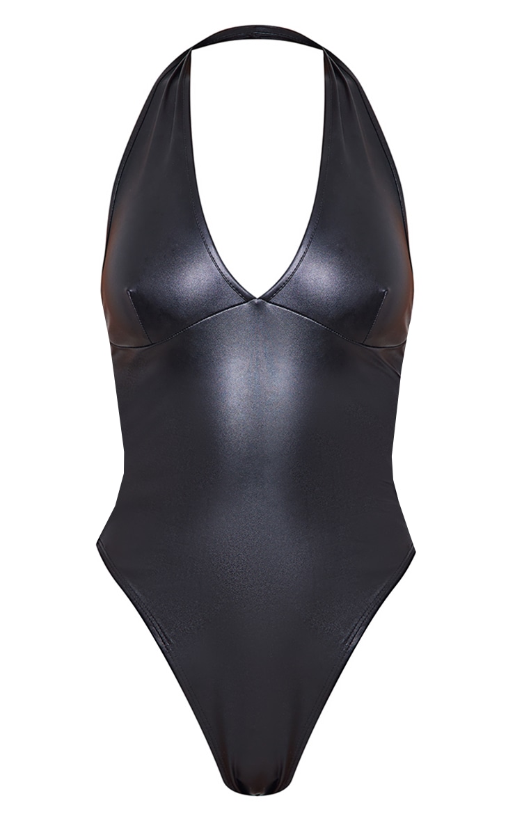Deep Black Faux Leather Halterneck Bodysuit with Cutout Detail