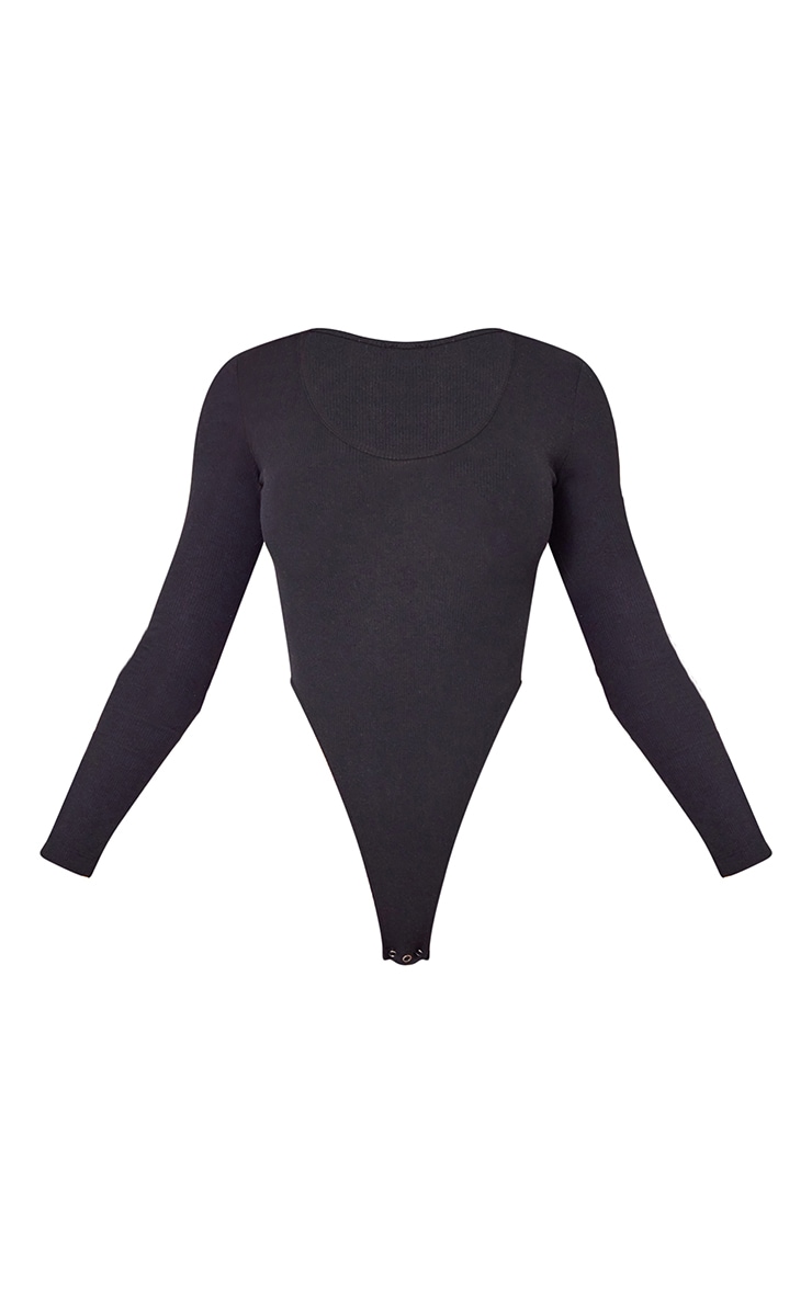 Basic Black Ribbed V-Neck Long Sleeve Bodysuit