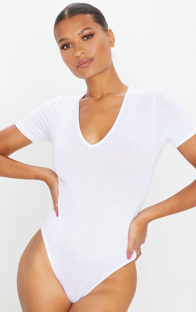Basic White Cotton Blend Short Sleeve V-Neck Bodysuit