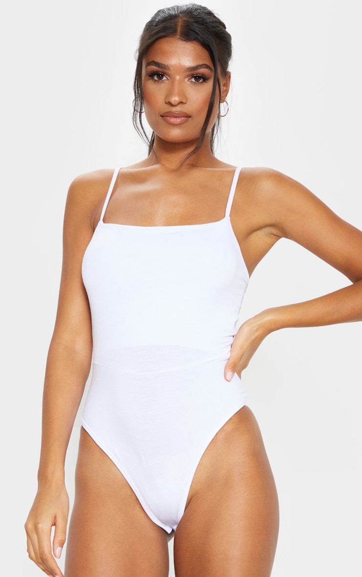 White Thong Bodysuit with Square Neck