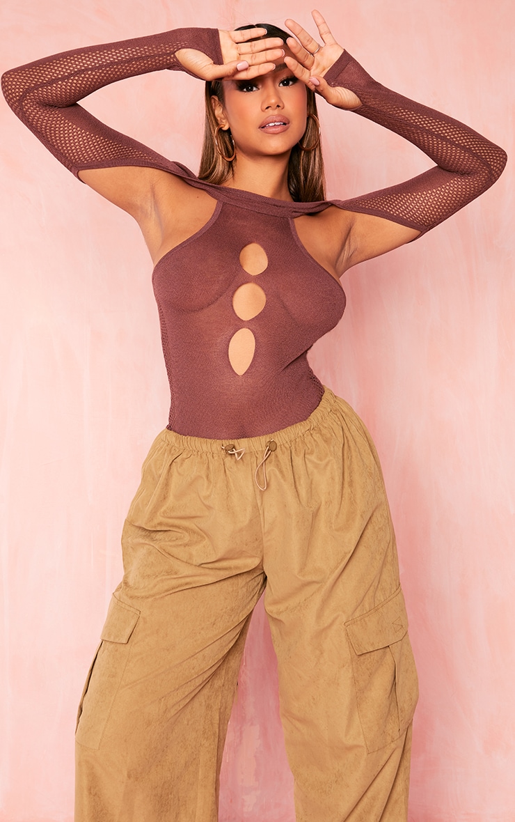 Sheer Knit Hole Detail Chocolate Bodysuit with Sleeves