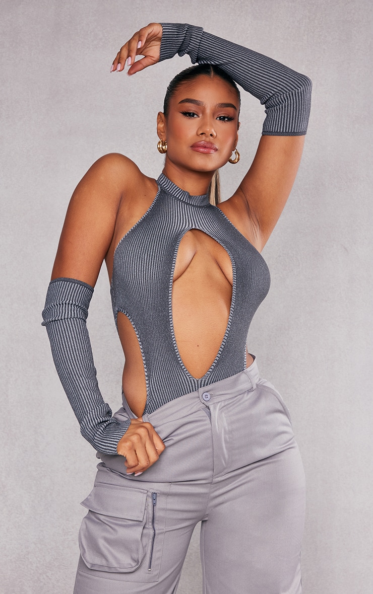 Charcoal Two Tone Knit Cut Out Sleeved Bodysuit