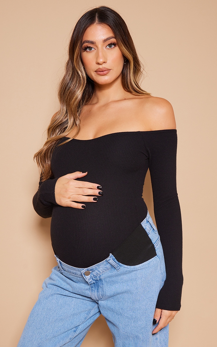 Maternity Black Ribbed Longsleeve Bardot Bodysuit