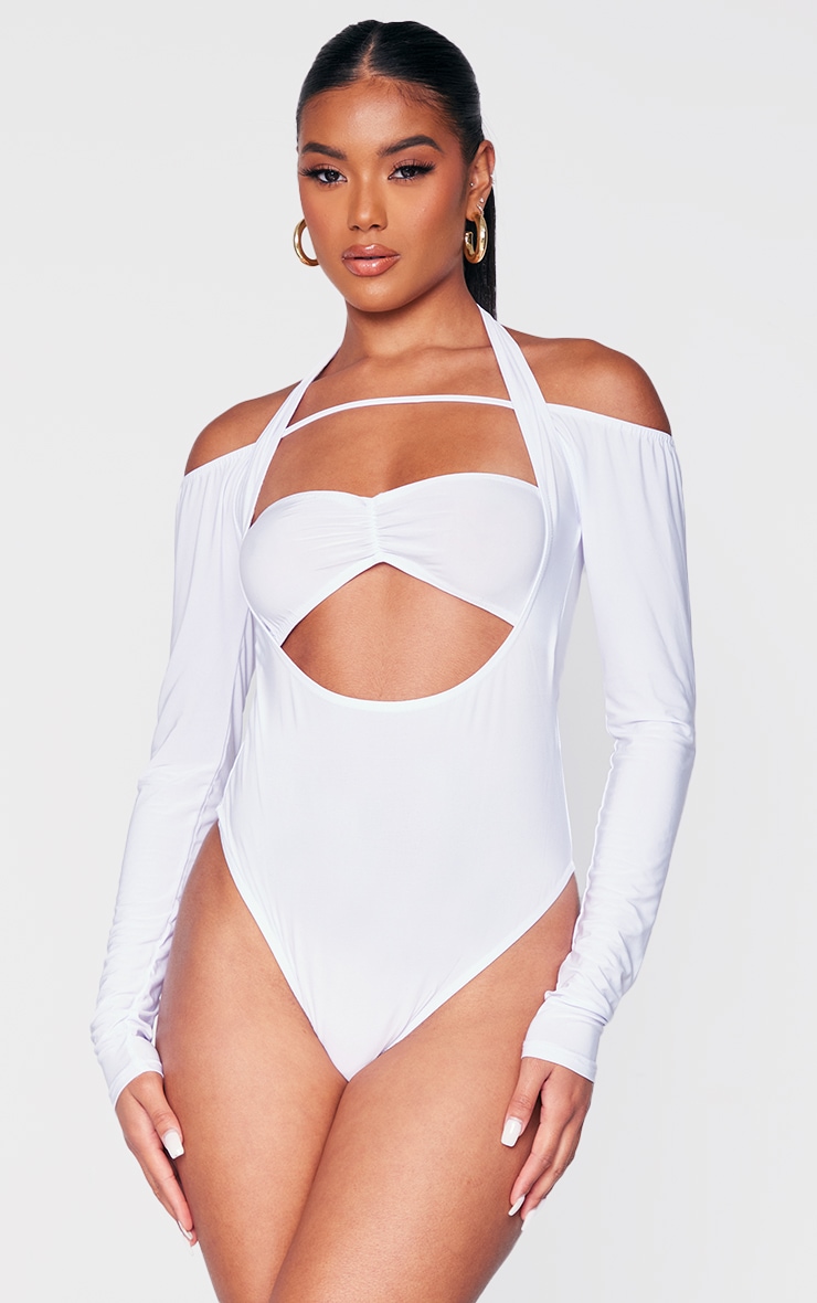 White Slinky Extreme Strappy Cut Out Long Sleeve Bodysuit