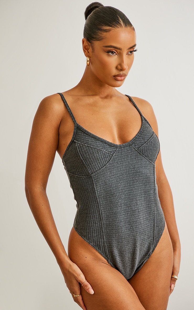 Charcoal Jumbo Rib Strappy Cup Detail Bodysuit
