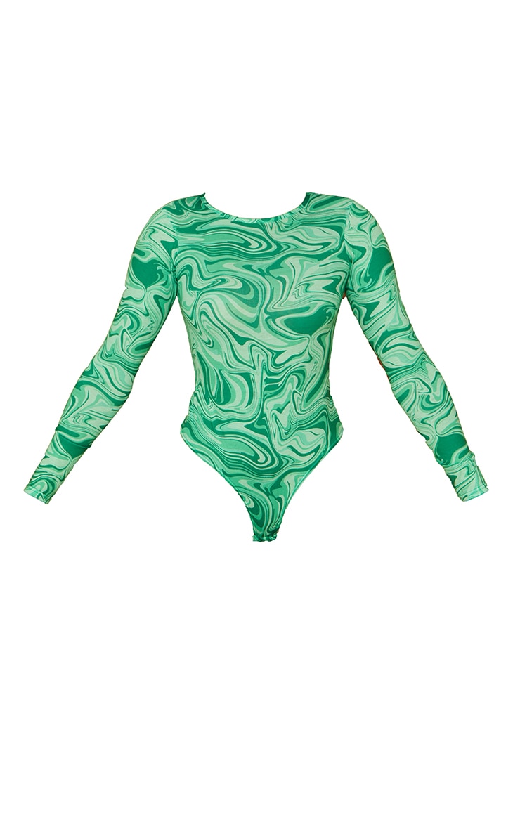 Green Swirl Print Crew Neck Long Sleeve Bodysuit