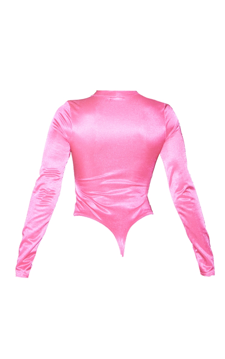 Hot Pink High Shine Slinky High Neck Panelled Bodysuit
