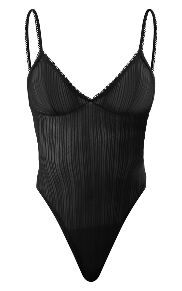 Black Textured Mesh Trim Detail Bodysuit