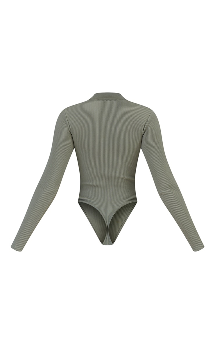 Moss Grey Snatched Rib Zip Up Long Sleeve Bodysuit