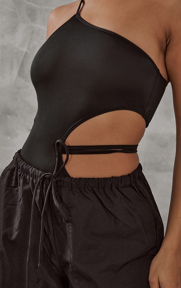 Black Slinky One Shoulder Cut Out Side Bodysuit