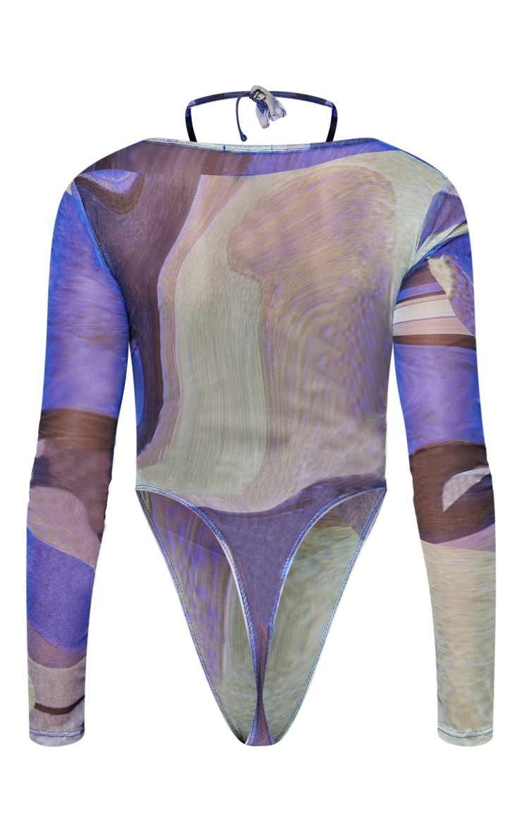 Blue Swirl Print Mesh Bardot Halter Bodysuit