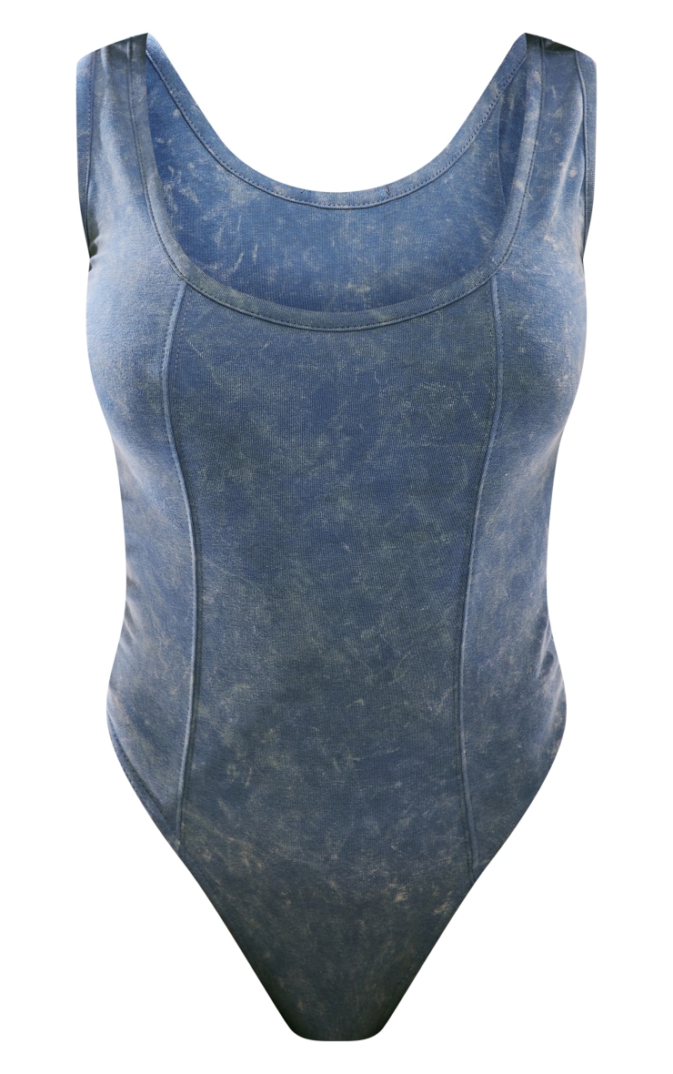 Blue Acid Wash Seam Detail Bodysuit