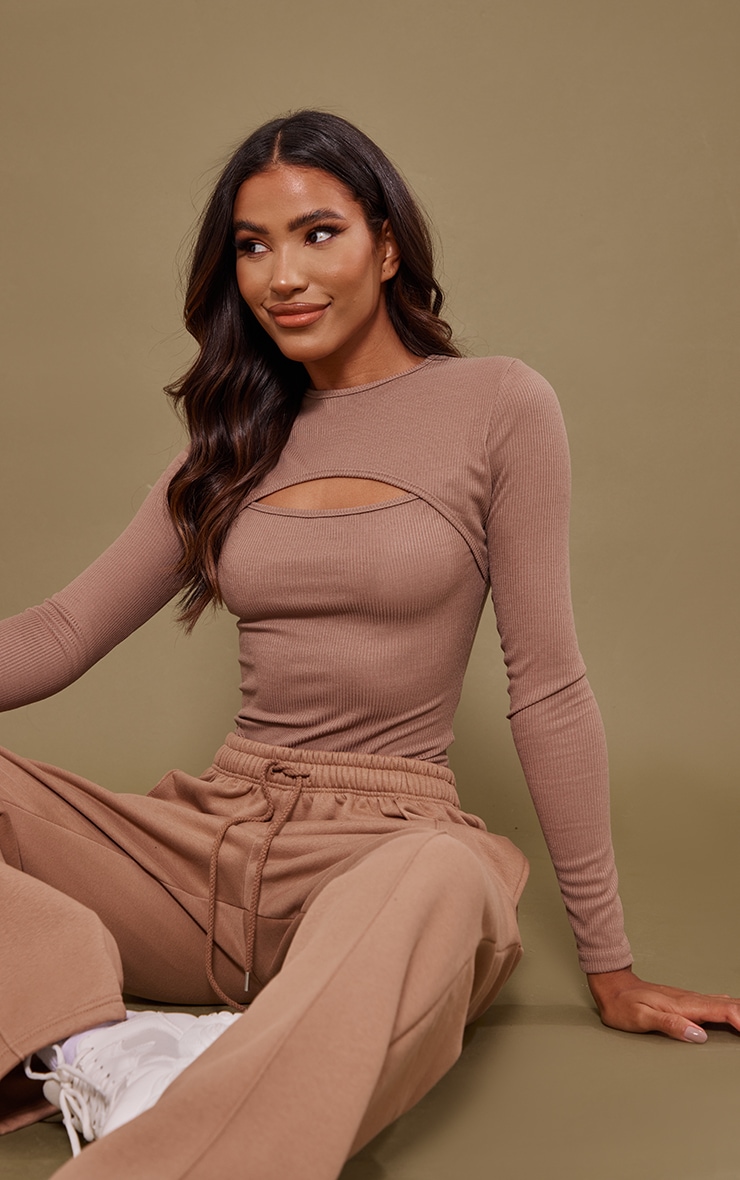 Taupe Rib Cut Out Neck Long Sleeve Bodysuit